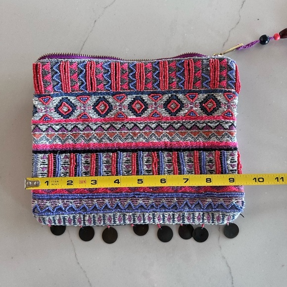 Boho Tribal Beaded Clutch Purse Fringe Tassel Metallic Charms Costal Grandma - Picture 6 of 11